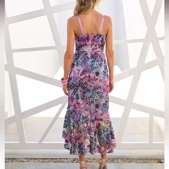 Boston Proper Embroidered Sequin Mesh Ruffle Slit Midi Dress Purple Multi Sz 4 - Picture 4 of 12
